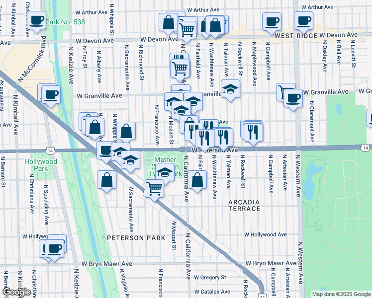 map of restaurants, bars, coffee shops, grocery stores, and more near W Peterson Ave & N California Ave in Chicago