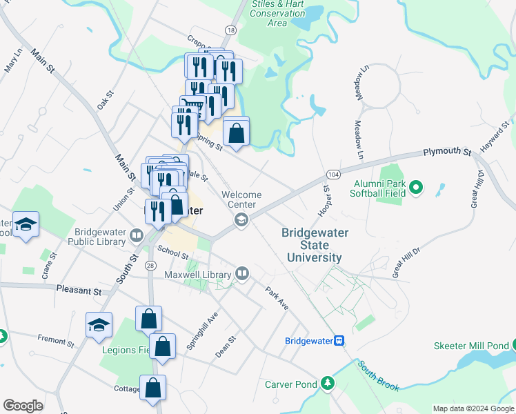 map of restaurants, bars, coffee shops, grocery stores, and more near 112 Plymouth Street in Bridgewater