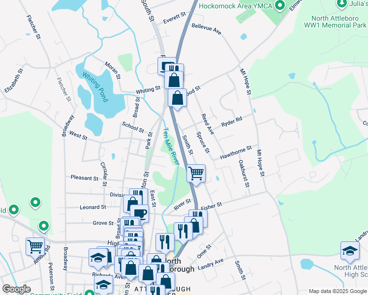 map of restaurants, bars, coffee shops, grocery stores, and more near 65 Smith Street in North Attleborough