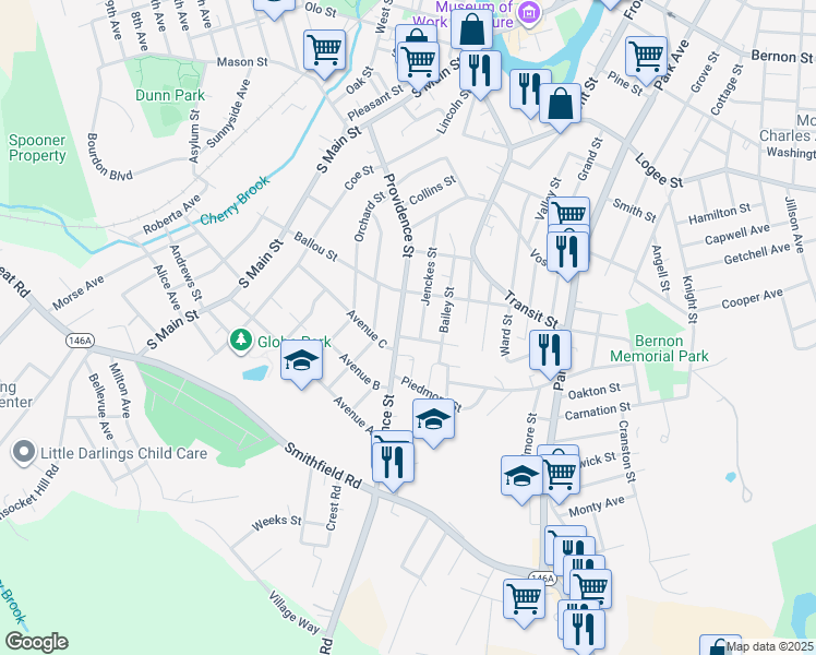 map of restaurants, bars, coffee shops, grocery stores, and more near 409 Providence Street in Woonsocket