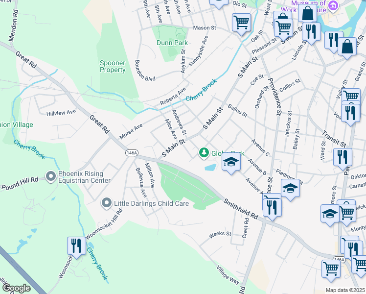map of restaurants, bars, coffee shops, grocery stores, and more near 582 South Main Street in Woonsocket