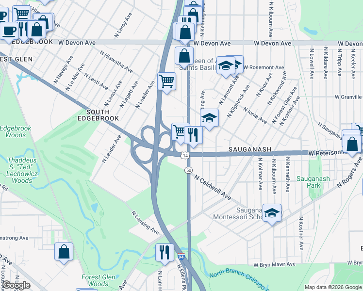 map of restaurants, bars, coffee shops, grocery stores, and more near 6000 North Cicero Avenue in Chicago