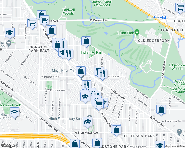 map of restaurants, bars, coffee shops, grocery stores, and more near 6026 North Austin Avenue in Chicago