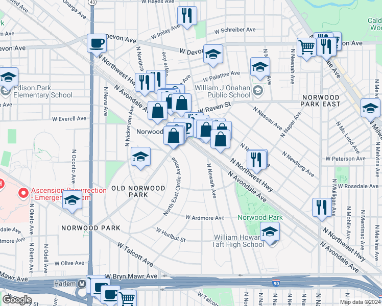 map of restaurants, bars, coffee shops, grocery stores, and more near 6060 N North Northwest Highway in Chicago