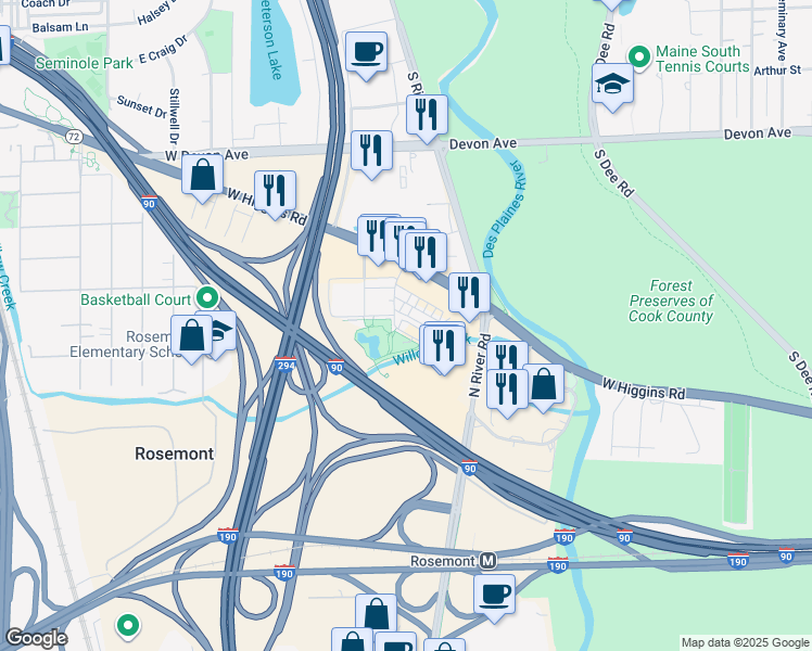 map of restaurants, bars, coffee shops, grocery stores, and more near 9456 Maple Drive in Rosemont
