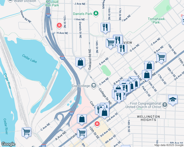 map of restaurants, bars, coffee shops, grocery stores, and more near 1321 East Avenue Northeast in Cedar Rapids