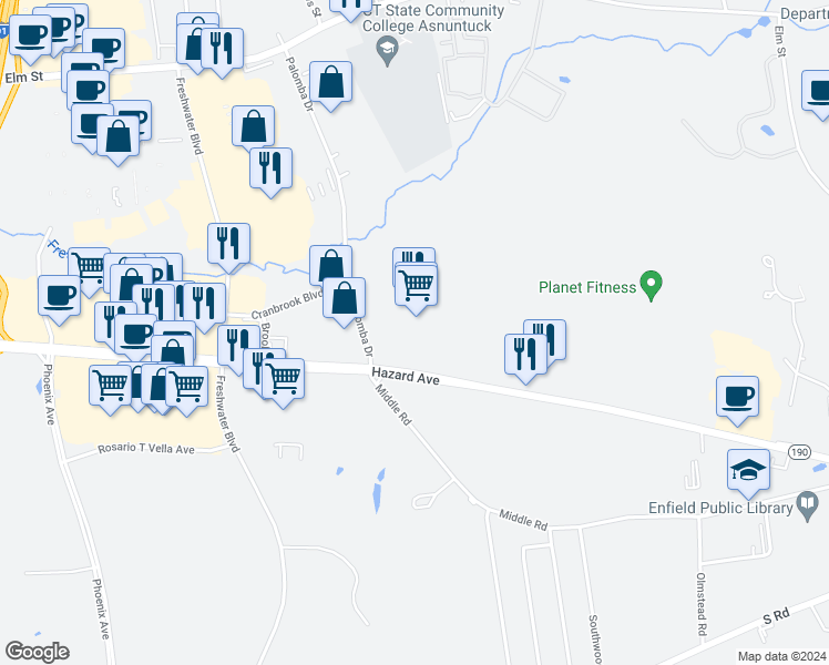 map of restaurants, bars, coffee shops, grocery stores, and more near 65 Palomba Drive in Enfield
