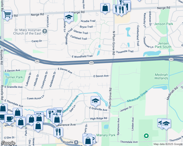 map of restaurants, bars, coffee shops, grocery stores, and more near 638 Forum Drive in Roselle