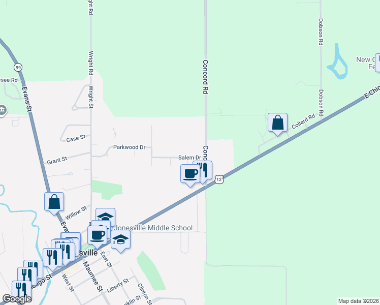 map of restaurants, bars, coffee shops, grocery stores, and more near 486 Salem Drive in Jonesville