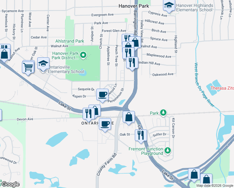 map of restaurants, bars, coffee shops, grocery stores, and more near 1649 Dogwood Lane in Hanover Park