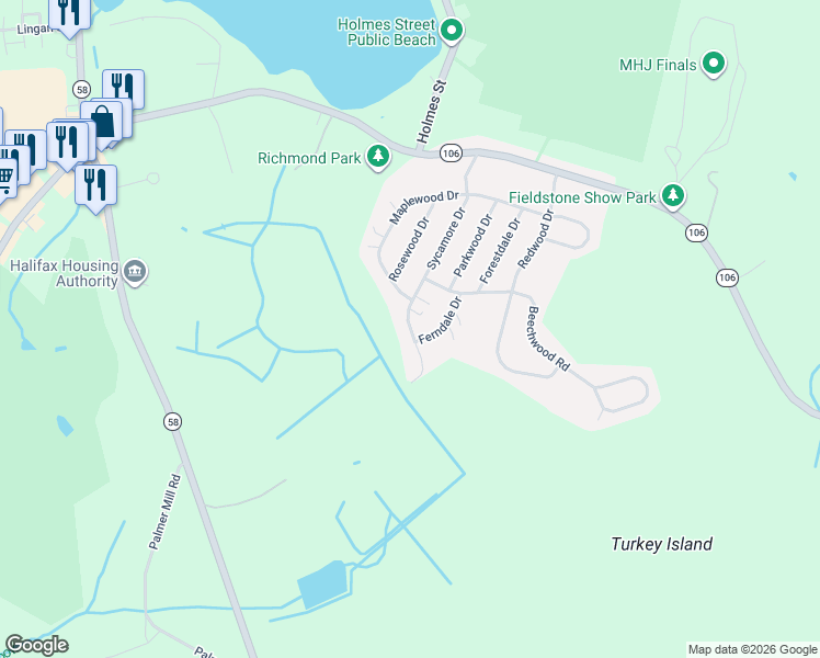 map of restaurants, bars, coffee shops, grocery stores, and more near 50 Sycamore Dr in Halifax