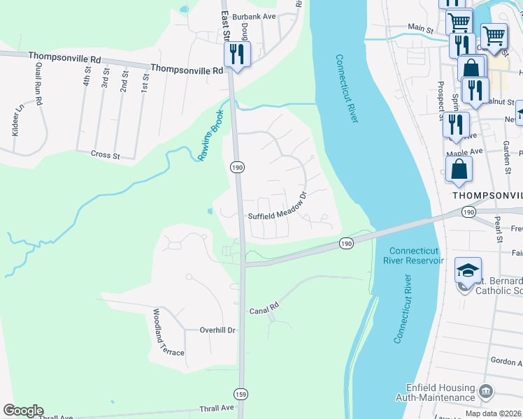 map of restaurants, bars, coffee shops, grocery stores, and more near 17 Pebblestone Circle in Suffield