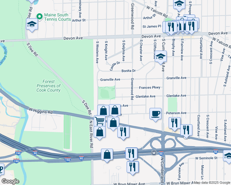 map of restaurants, bars, coffee shops, grocery stores, and more near 1600 South Lincoln Avenue in Park Ridge