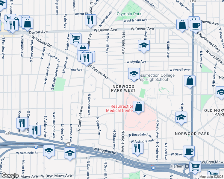 map of restaurants, bars, coffee shops, grocery stores, and more near 6115 North Ottawa Avenue in Chicago
