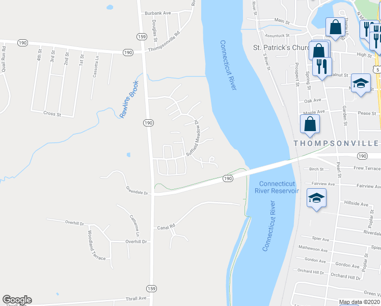 map of restaurants, bars, coffee shops, grocery stores, and more near 1 Daventry Hill Lane in Suffield
