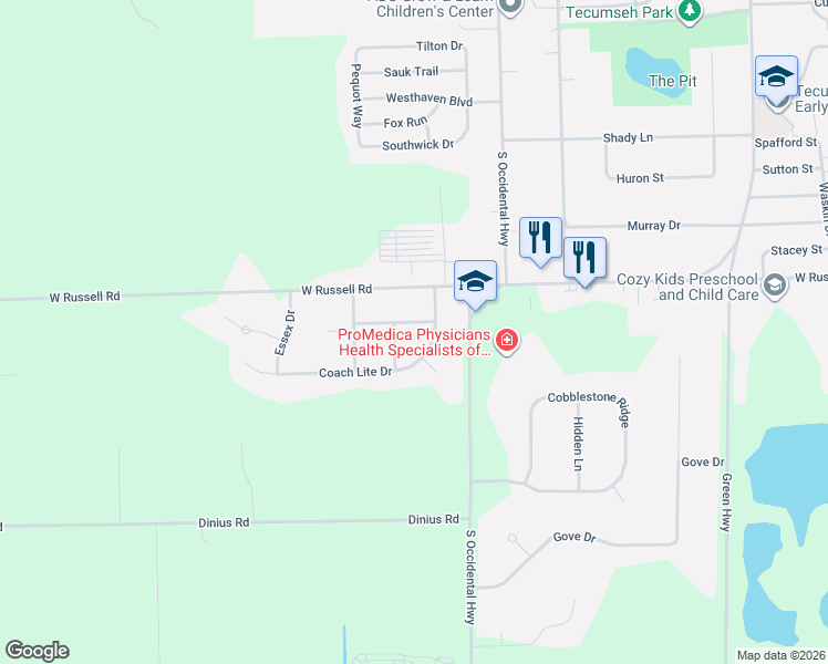 map of restaurants, bars, coffee shops, grocery stores, and more near 2830 Heritage Drive in Tecumseh