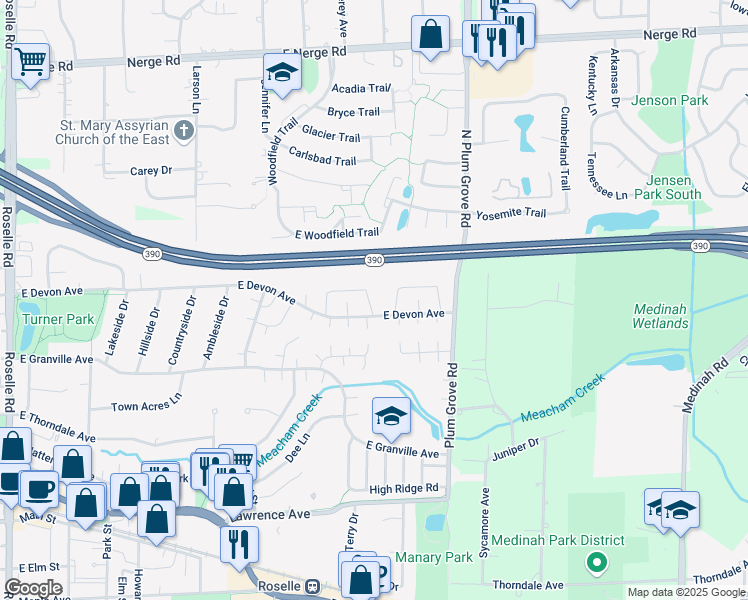 map of restaurants, bars, coffee shops, grocery stores, and more near 636 Forum Drive in Roselle