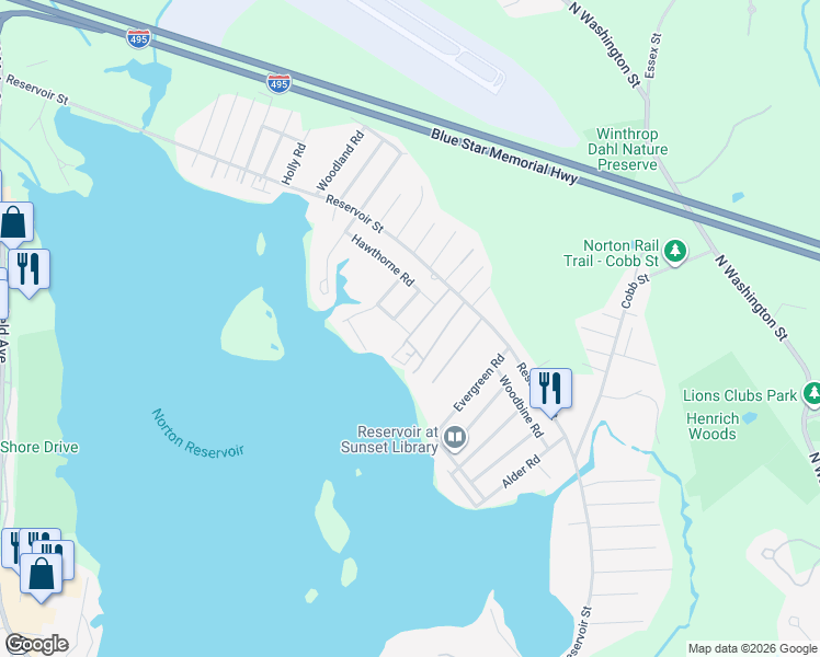 map of restaurants, bars, coffee shops, grocery stores, and more near 12 Cedar Road in Norton