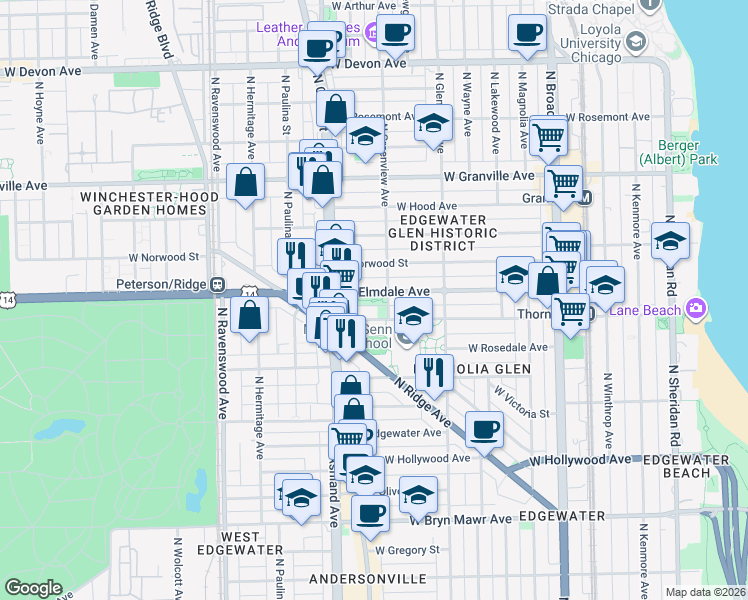 map of restaurants, bars, coffee shops, grocery stores, and more near 1460 West Elmdale Avenue in Chicago
