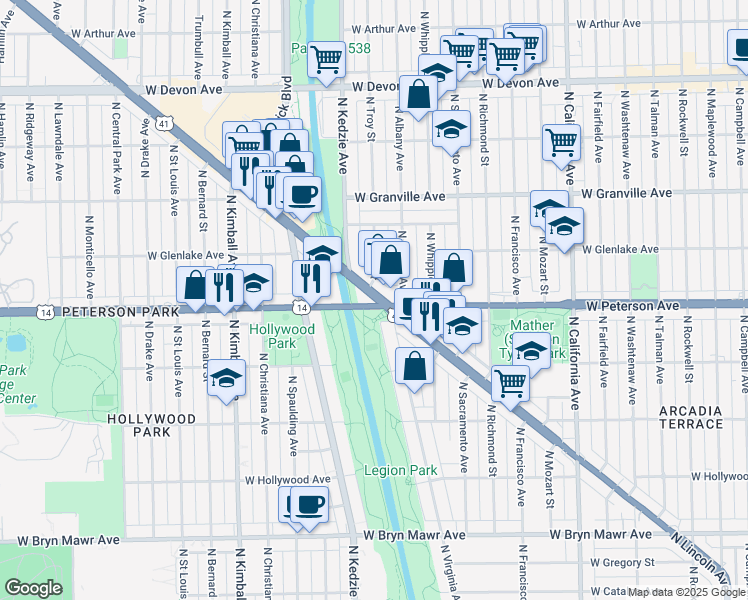 map of restaurants, bars, coffee shops, grocery stores, and more near in Chicago