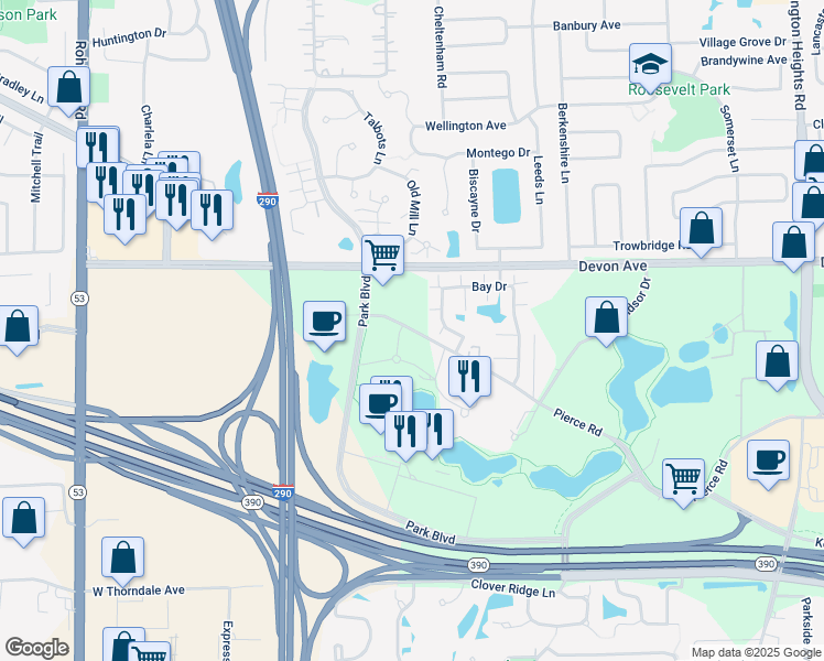 map of restaurants, bars, coffee shops, grocery stores, and more near 333 Pierce Road in Itasca