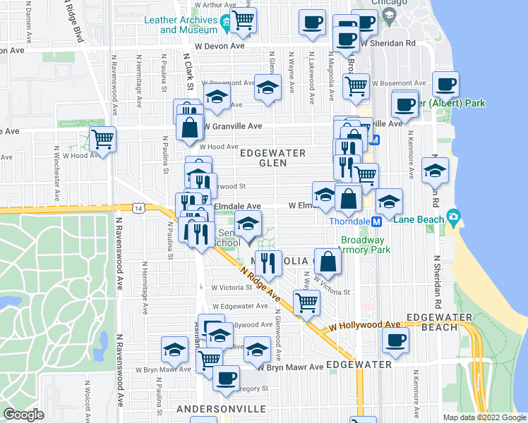 map of restaurants, bars, coffee shops, grocery stores, and more near 1413 West Elmdale Avenue in Chicago