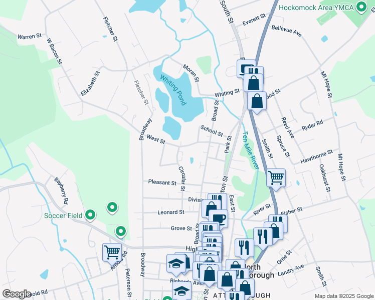 map of restaurants, bars, coffee shops, grocery stores, and more near 67 West Street in North Attleborough