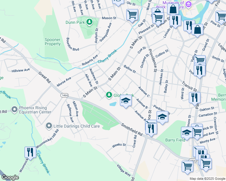 map of restaurants, bars, coffee shops, grocery stores, and more near 425 Coe Street in Woonsocket
