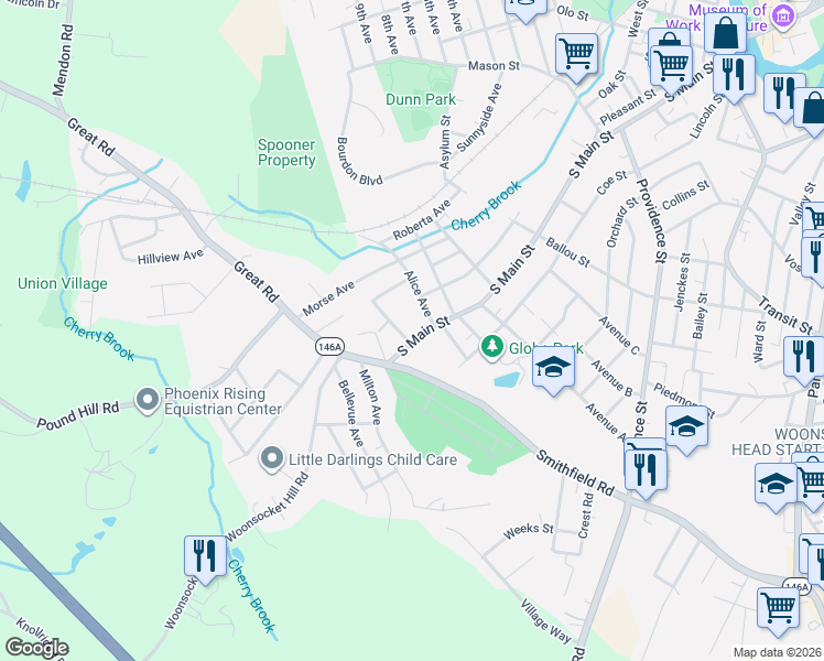 map of restaurants, bars, coffee shops, grocery stores, and more near 29 Alice Avenue in Woonsocket