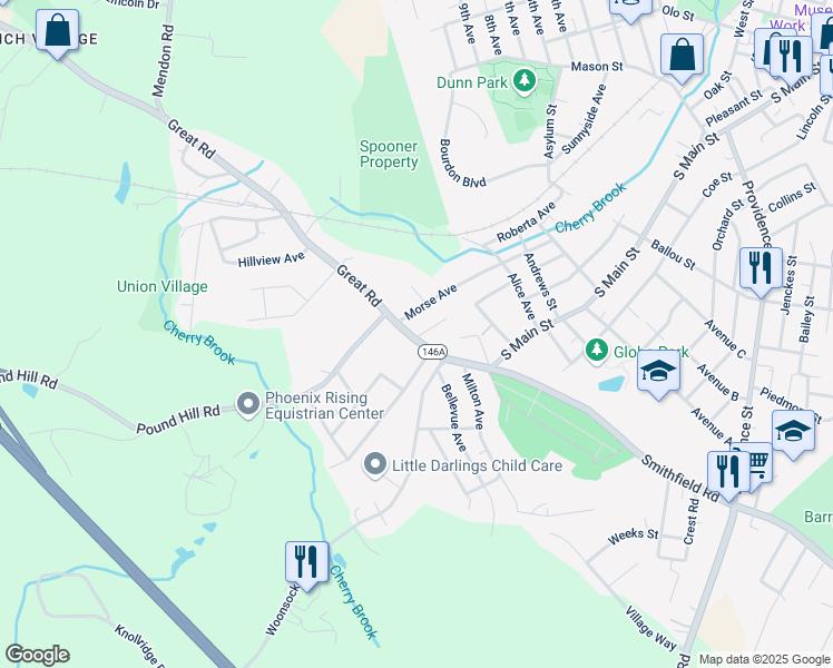 map of restaurants, bars, coffee shops, grocery stores, and more near 101 Rhode Island 146A in North Smithfield