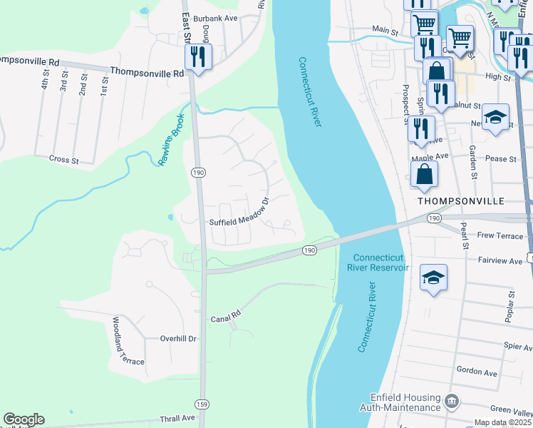 map of restaurants, bars, coffee shops, grocery stores, and more near 70 Landing Circle in Suffield