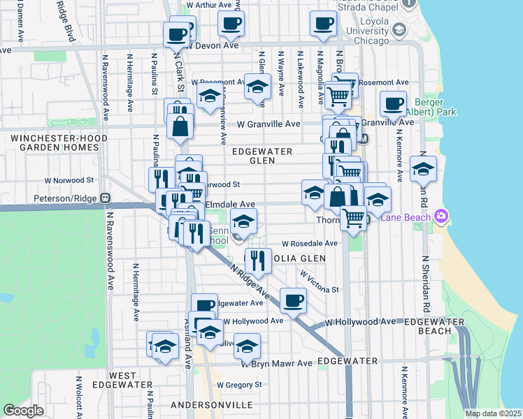 map of restaurants, bars, coffee shops, grocery stores, and more near 1420 West Elmdale Avenue in Chicago