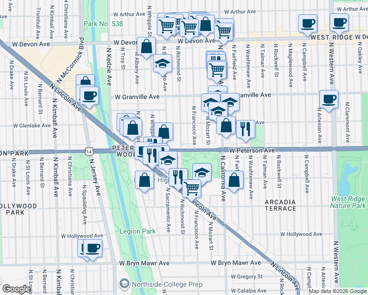 map of restaurants, bars, coffee shops, grocery stores, and more near 6018 North Richmond Street in Chicago