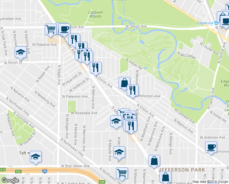 map of restaurants, bars, coffee shops, grocery stores, and more near 6101 West Miami Avenue in Chicago