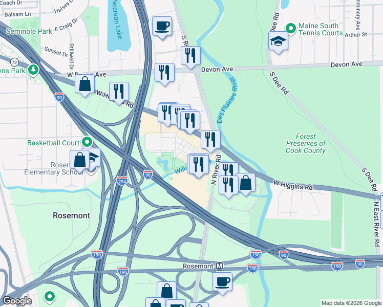 map of restaurants, bars, coffee shops, grocery stores, and more near 9456 Maple Drive in Rosemont