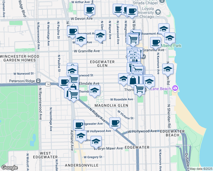 map of restaurants, bars, coffee shops, grocery stores, and more near 1344 West Elmdale Avenue in Chicago