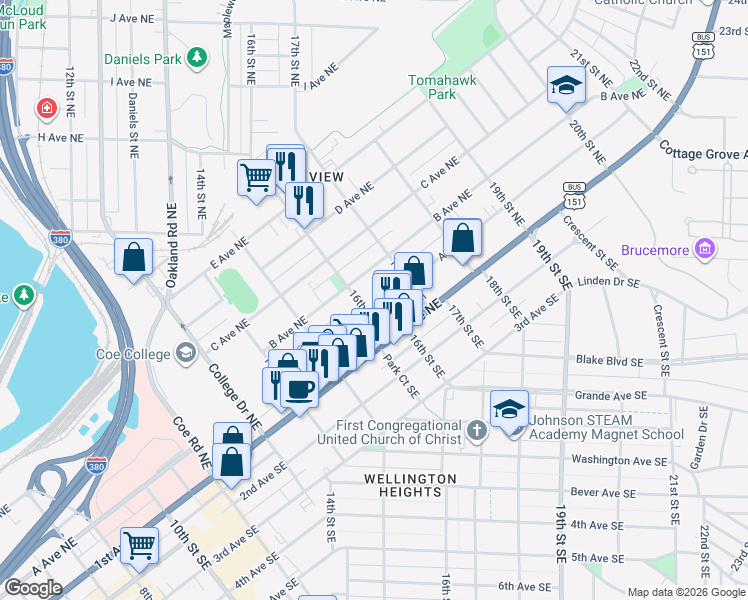 map of restaurants, bars, coffee shops, grocery stores, and more near 1612 A Avenue Northeast in Cedar Rapids