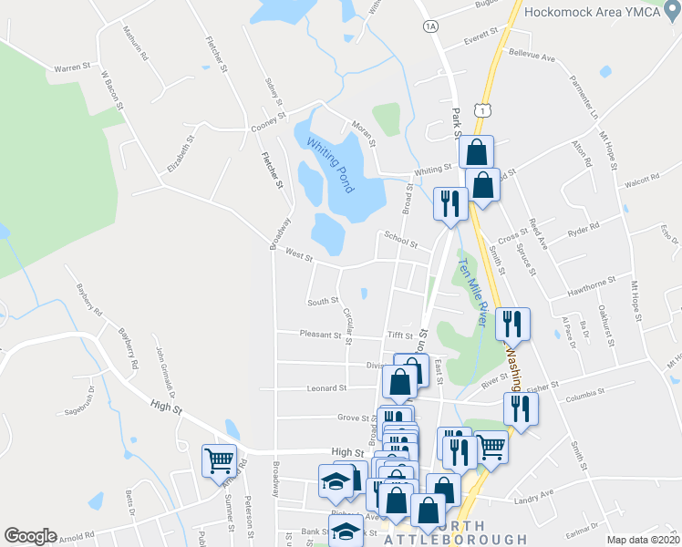 map of restaurants, bars, coffee shops, grocery stores, and more near 149 Circular Street in North Attleborough