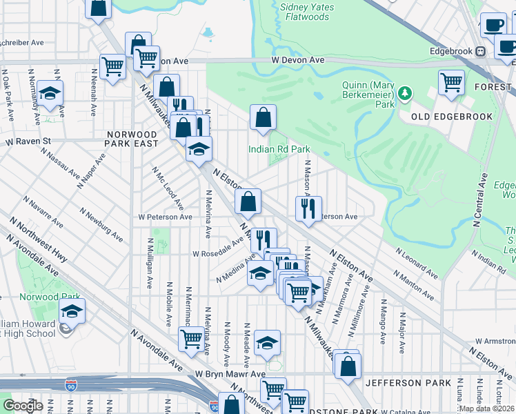 map of restaurants, bars, coffee shops, grocery stores, and more near 6101 West Miami Avenue in Chicago