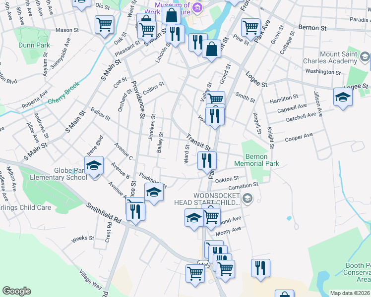 map of restaurants, bars, coffee shops, grocery stores, and more near 515 Ballou Street in Woonsocket
