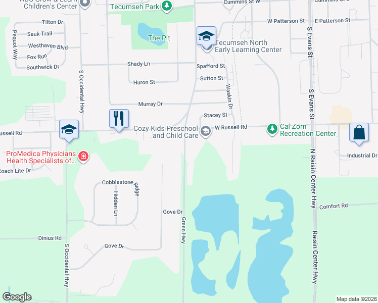 map of restaurants, bars, coffee shops, grocery stores, and more near 6953 Green Highway in Adrian