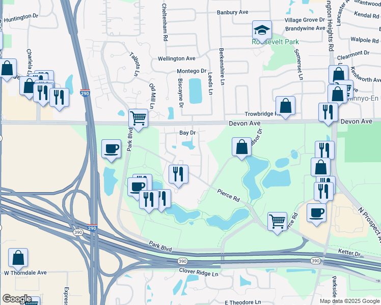 map of restaurants, bars, coffee shops, grocery stores, and more near 138 Bay Drive in Itasca