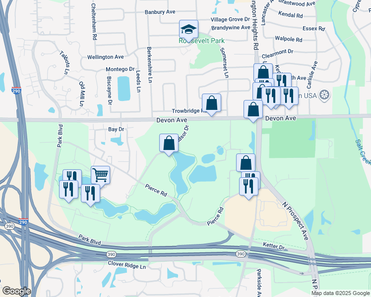 map of restaurants, bars, coffee shops, grocery stores, and more near 450 East Devon Avenue in Itasca