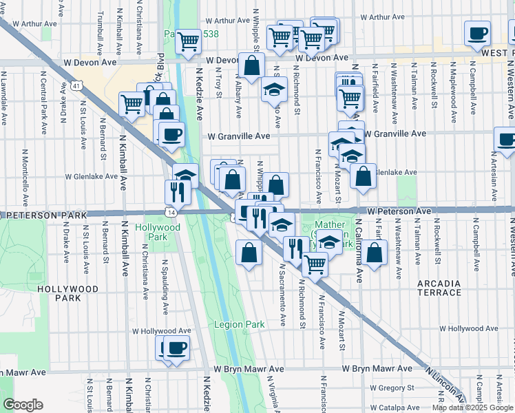map of restaurants, bars, coffee shops, grocery stores, and more near 6019 North Whipple Street in Chicago