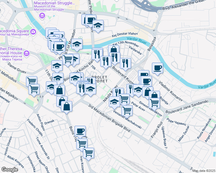 map of restaurants, bars, coffee shops, grocery stores, and more near Stale Popov in Skopje