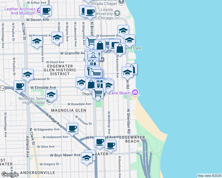 map of restaurants, bars, coffee shops, grocery stores, and more near 6002 North Winthrop Avenue in Chicago