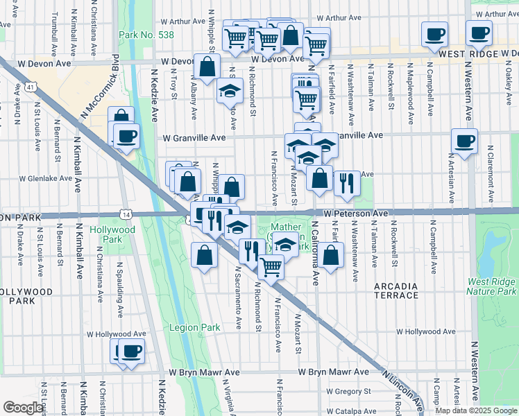 map of restaurants, bars, coffee shops, grocery stores, and more near 2920 West Peterson Avenue in Chicago