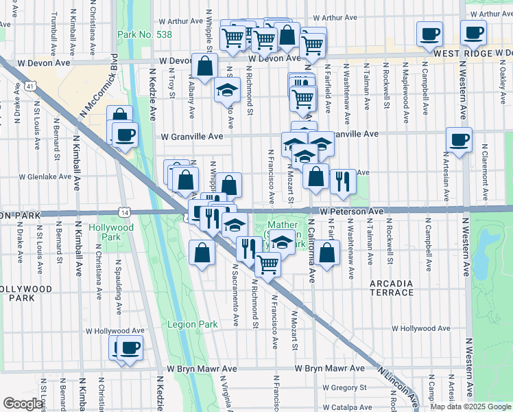 map of restaurants, bars, coffee shops, grocery stores, and more near 2920 West Peterson Avenue in Chicago