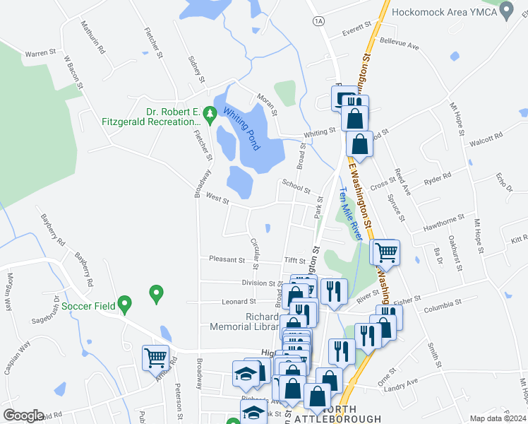 map of restaurants, bars, coffee shops, grocery stores, and more near 70 West Street in North Attleborough
