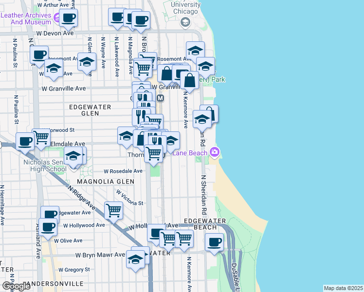 map of restaurants, bars, coffee shops, grocery stores, and more near 6002 North Kenmore Avenue in Chicago